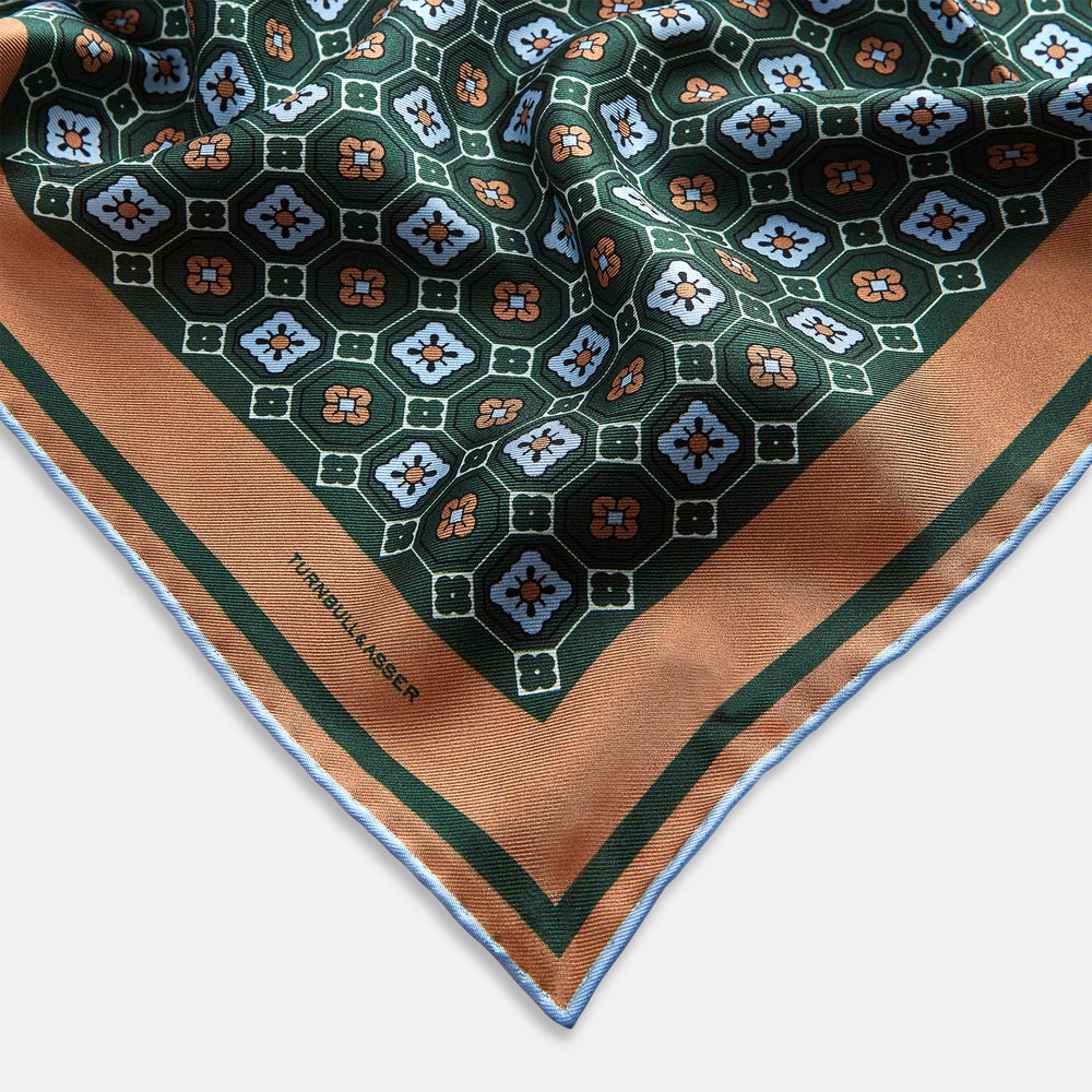 Forest Green Floral Tile Silk Pocket Square