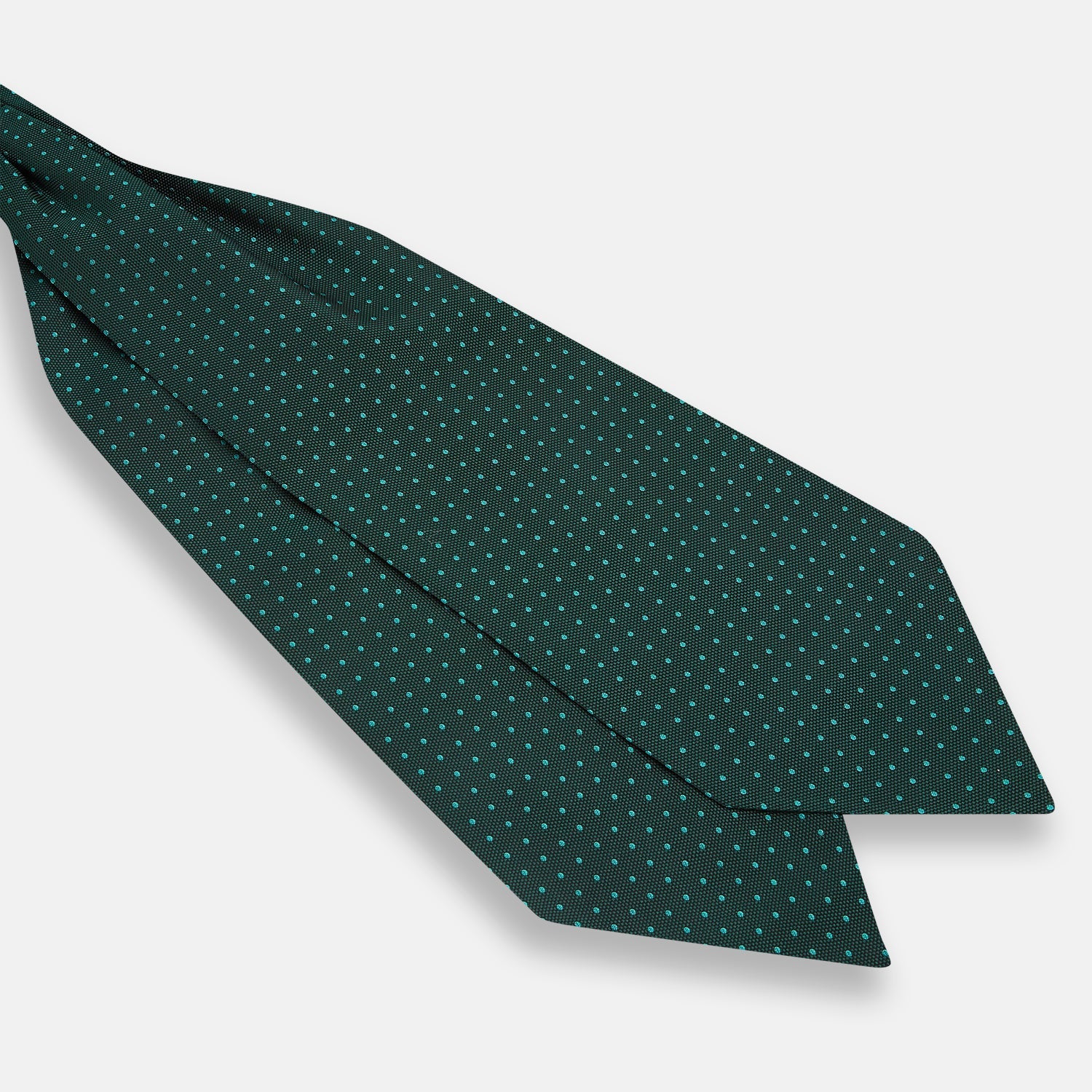 View 3 of product The Turnbull & Asser Blue and Forest Green Micro Dot Silk Cravat pairs perfectly with a dark green pocket square featuring light blue micro dots, ideal for formal looks or adding distinction to your ensemble.