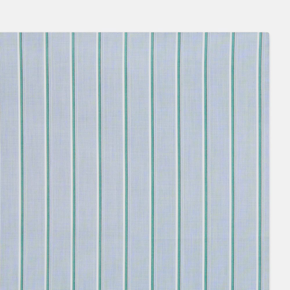 The Turnbull & Asser Blue and Green Multi Stripe Hand-Rolled Handkerchief features evenly spaced vertical stripes and hand-rolled edges, displayed neatly folded on a white background.