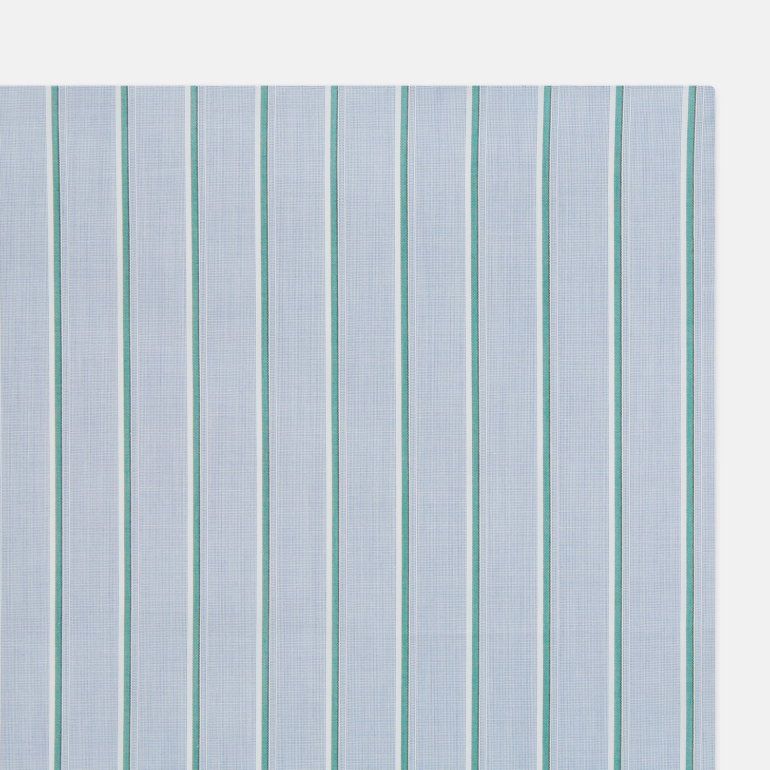 View 2 of product The Turnbull & Asser Blue and Green Multi Stripe Hand-Rolled Handkerchief features evenly spaced vertical stripes and hand-rolled edges, displayed neatly folded on a white background.
