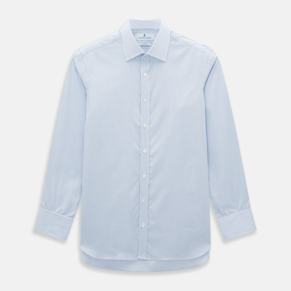The Sky Blue Hairline Multi Stripe Mayfair Shirt by Turnbull & Asser, made from Italian cotton with a classic collar, white buttons, and buttoned cuffs, is displayed on a plain white background—an essential for any gentleman.