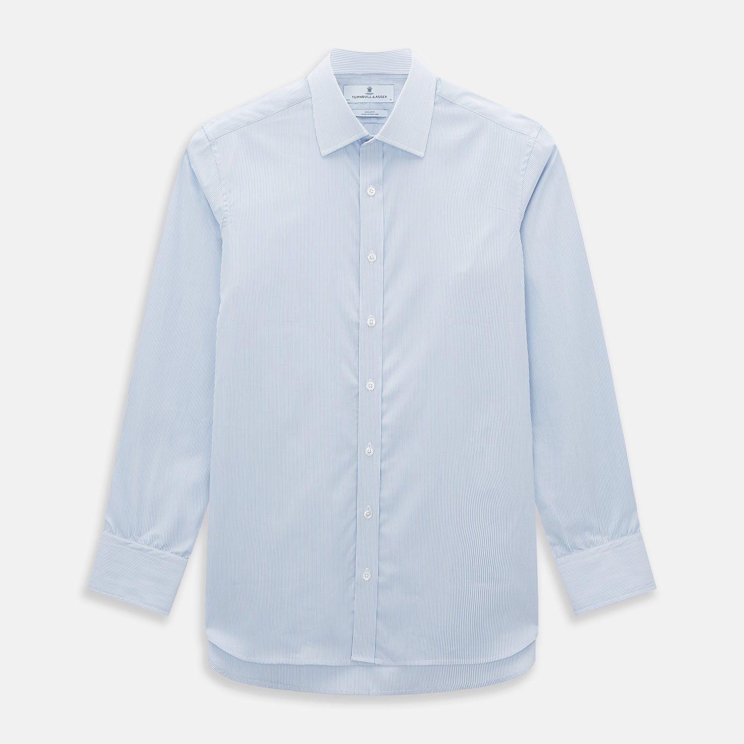 View 1 of product The Sky Blue Hairline Multi Stripe Mayfair Shirt by Turnbull & Asser, made from Italian cotton with a classic collar, white buttons, and buttoned cuffs, is displayed on a plain white background—an essential for any gentleman.