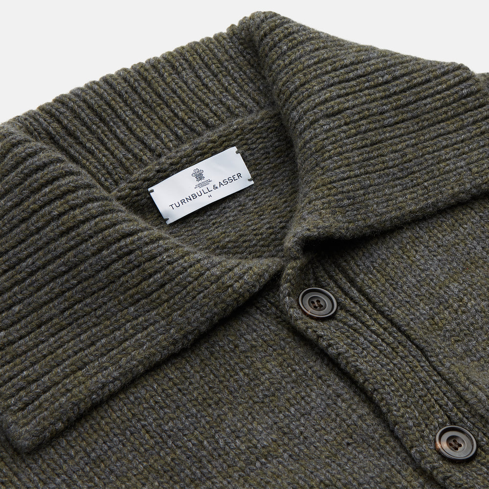 The Turnbull & Asser Green and Grey Cashmere Melange Lowry Cardigan is a long-sleeve piece with a revere collar, button-up front, and ribbed cuffs and hem, shown laid flat on a white background.