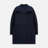 View 3 of product A Navy John Arthur Trench Coat by Turnbull & Asser, featuring a collar, button closure, adjustable cuff straps, two slanted front pockets, and a chest zip pocket, is displayed flat on a white background.