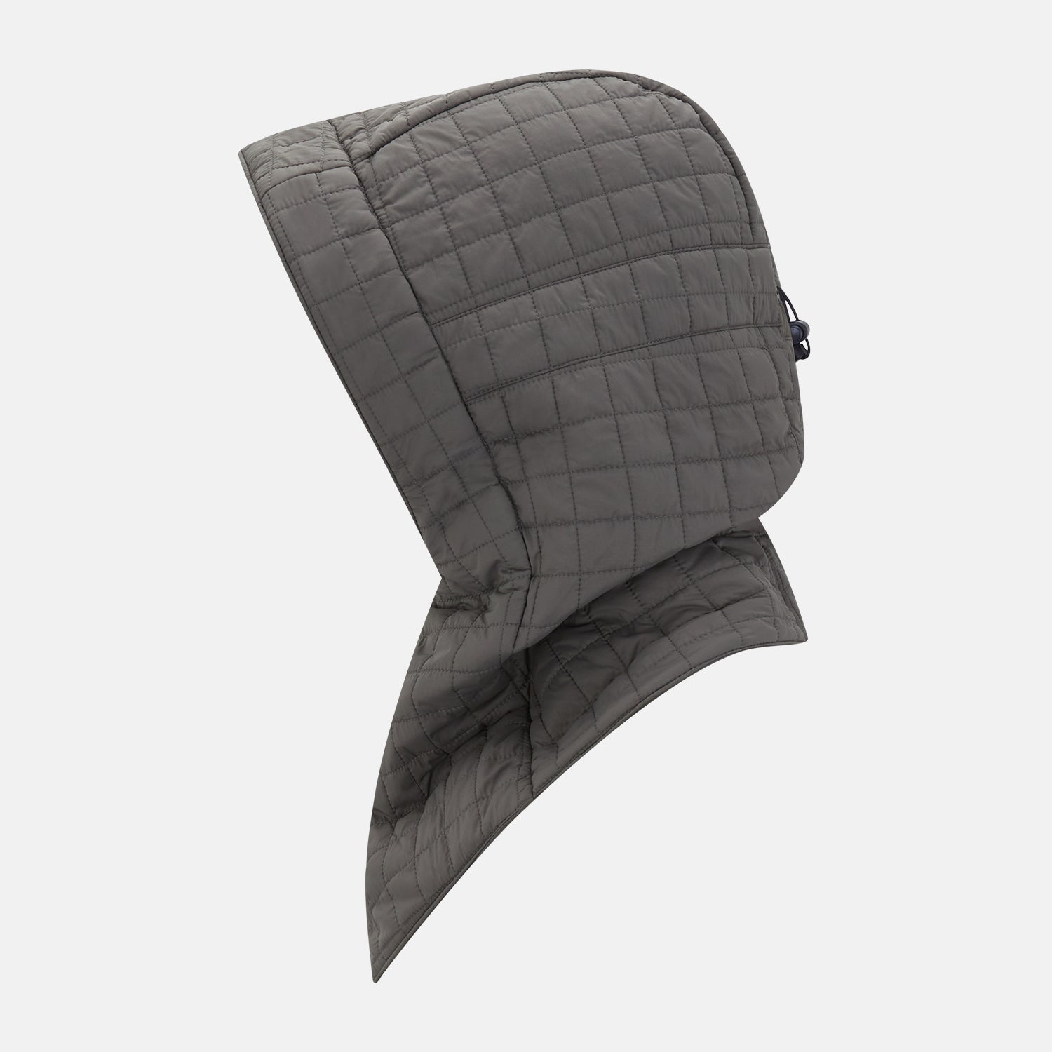 Image 3 of product The Turnbull & Asser Shadow Grey Quilted Hood with Neck Warmer features a button closure, inspired by quilted jacket hoods, and is displayed on a plain white background.