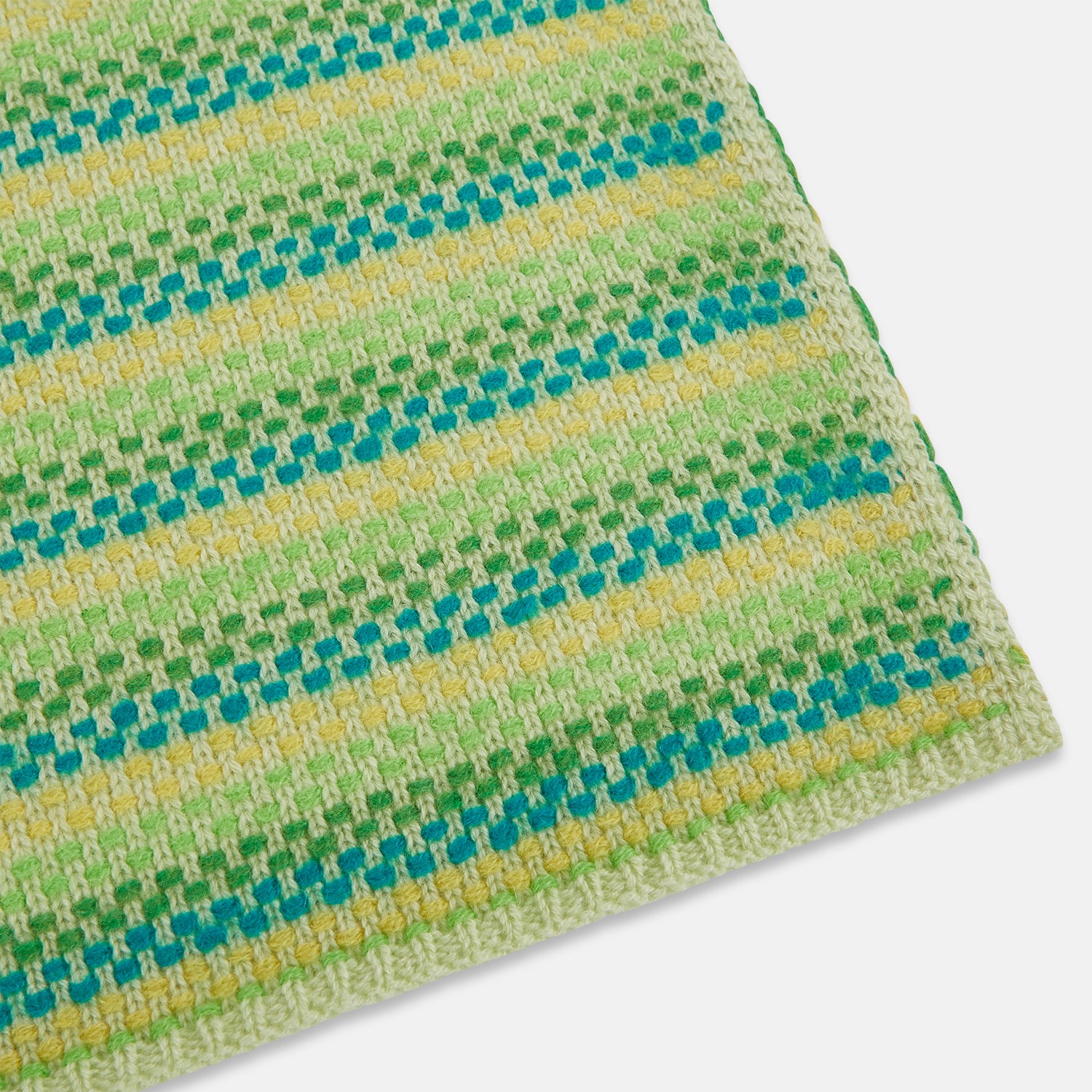 Image 2 of product The Turnbull & Asser Green, Yellow and Teal Rib-Jacquard Cashmere Knitted Scarf features horizontal stripes and a luxurious finish—an elegant accessory to elevate any look.
