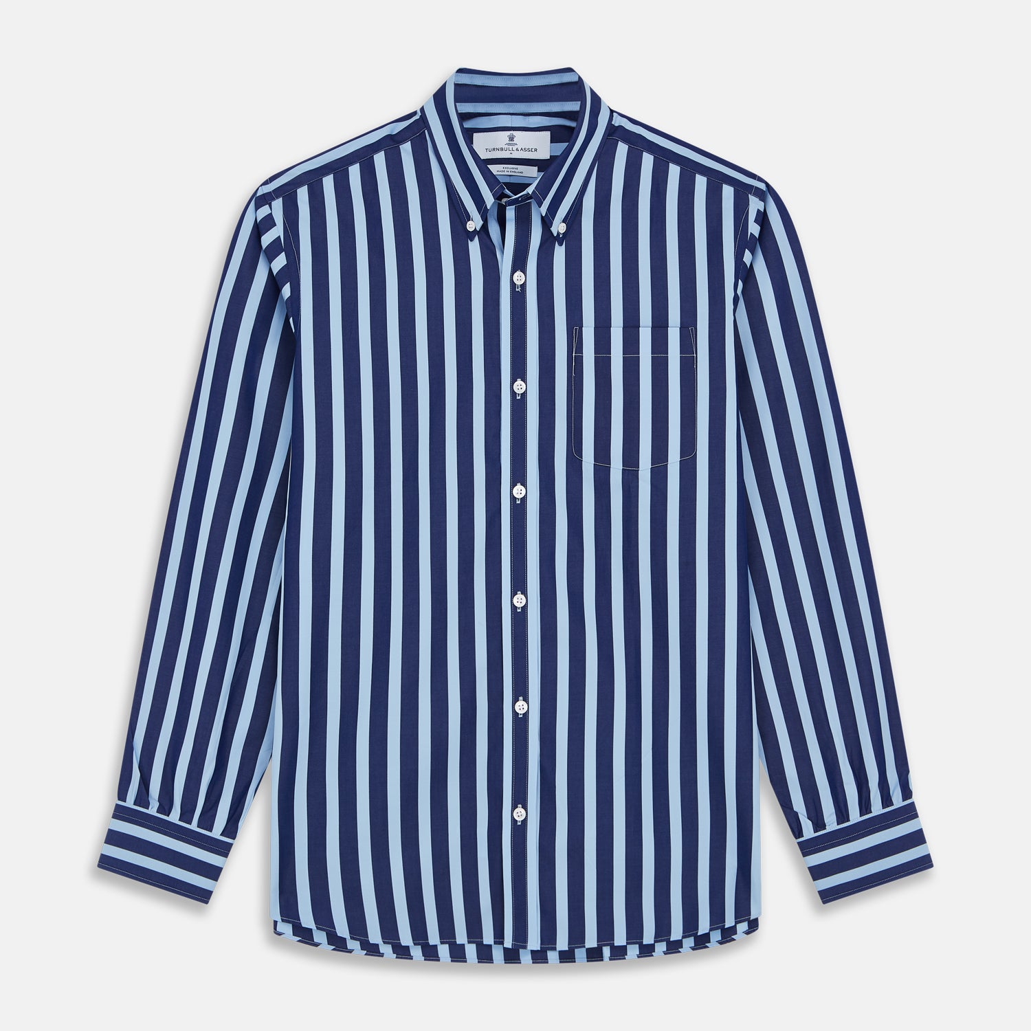 View 2 of product Close-up of Turnbull & Asser’s Navy Wide Stripe Cotton Fabric, showing textured, slightly wavy horizontal stripes in light and dark blue through a circular frame.