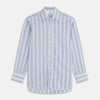 View 2 of product A close-up of Turnbull & Asser's Blue Multi Stripe Cotton Fabric shows white material with vertical light and dark blue stripes in varying widths, displayed inside a circular frame.