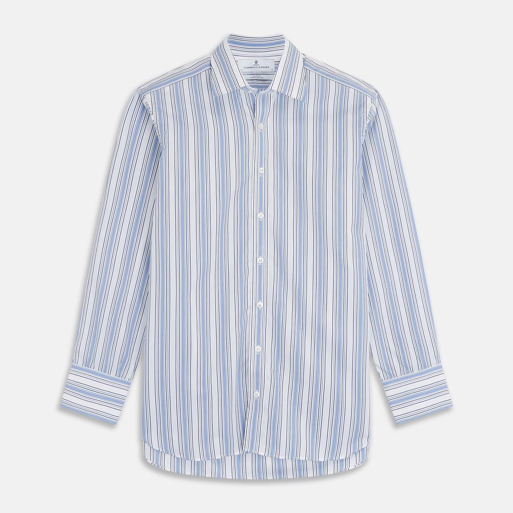 A close-up of Turnbull & Asser's Blue Multi Stripe Cotton Fabric shows white material with vertical light and dark blue stripes in varying widths, displayed inside a circular frame.