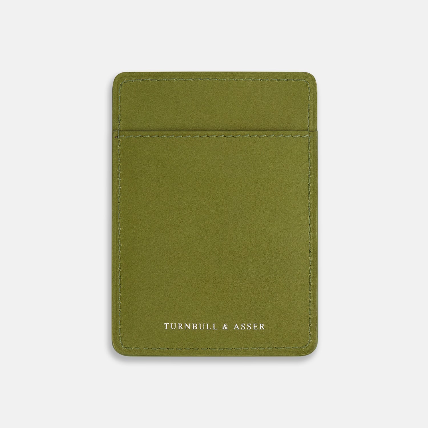 View 1 of product Moss Green Two-slot Card Case by Turnbull & Asser, crafted from Italian leather with neatly stitched edges and the brand name in white at the bottom center, displayed on a plain white background.