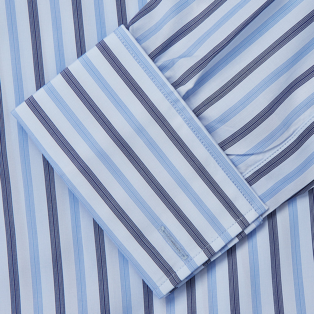 The Turnbull & Asser Pale Blue Multi Stripe Cotton Regular Fit Whitby Shirt, with collar and cuffs, is shown laid flat on a white background.