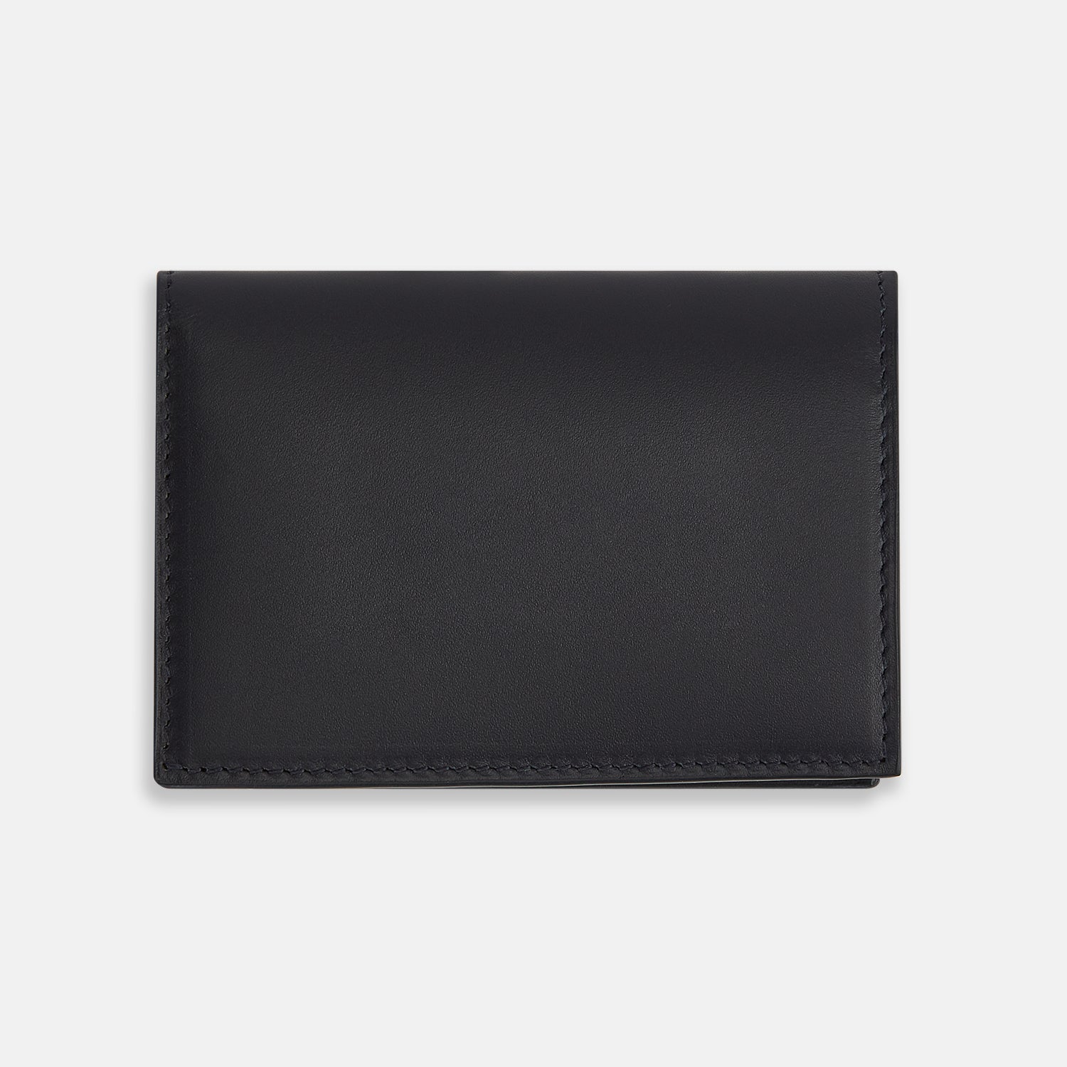 Image 3 of product A navy full-grain leather bi-fold card holder with neat stitching and "Turnbull & Asser" embossed in white near the bottom center.
