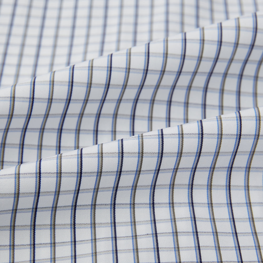 The Turnbull & Asser Blue and Coffee Tattersall Check Mayfair Shirt is a long-sleeved, button-up style made from Italian cotton, featuring a collar and buttoned cuffs, shown laid flat against a white background.