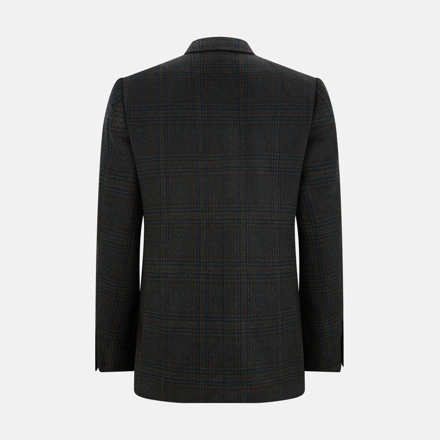 View 3 of product The Turnbull & Asser Charcoal Glen Check Sports Jacket features a dark plaid pattern, single-button closure, notched lapels, and two front flap pockets, shown against a plain white background—an essential for any men's wardrobe.