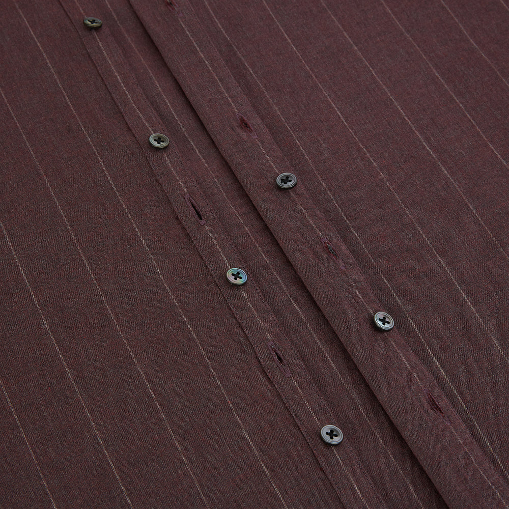 The Indies Red Wide Stripe Westminster Shirt by Turnbull & Asser features wide red stripes, a classic collar, and a tailored fit, reflecting British craftsmanship. Displayed against a white background.