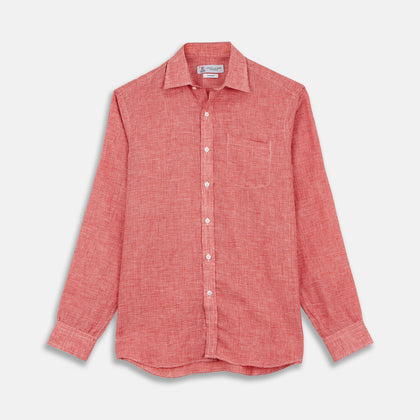 Weekend Fit Red Check Linen Shirt with Derby Collar and 1-Button Cuffs