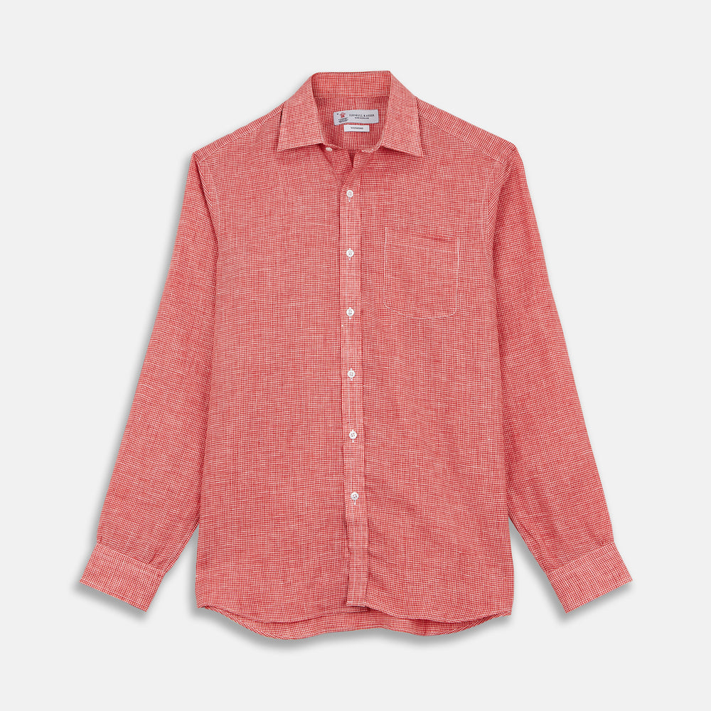 Weekend Fit Red Check Linen Shirt with Derby Collar and 1-Button Cuffs