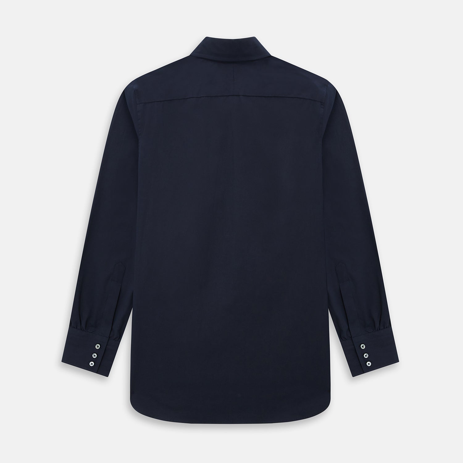 View 3 of product The NAVY BLUE WINDSOR SHIRT by Turnbull & Asser features long sleeves, a classic Windsor collar, white buttons, and buttoned cuffs—highlighting refined British craftsmanship against a plain white background.