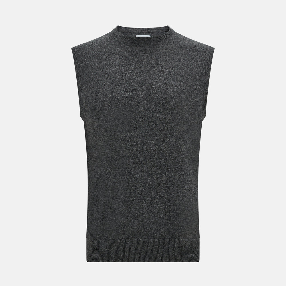 The Turnbull & Asser Charcoal Grey Cashmere Round Neck Vest is a sleeveless knit sweater vest shown against a plain white background.