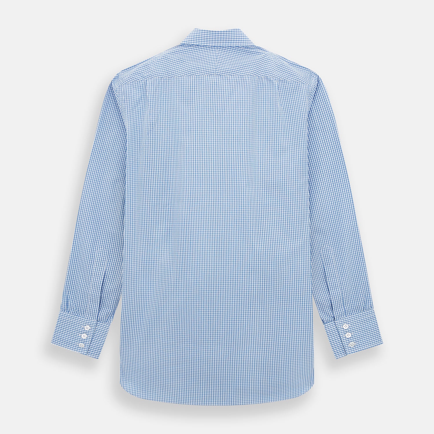 View 3 of product The Turnbull & Asser Blue Multi Micro Check Mayfair Shirt features a classic T&A collar, button-up front, white buttons, cuffed long sleeves, and a refined light blue and white micro check pattern.