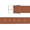 View 2 of product The Turnbull & Asser Lagun grained Nubuk Reversible Leather Belt features a tan finish, silver rectangular buckle, and purple inner lining, shown coiled on a white background.
