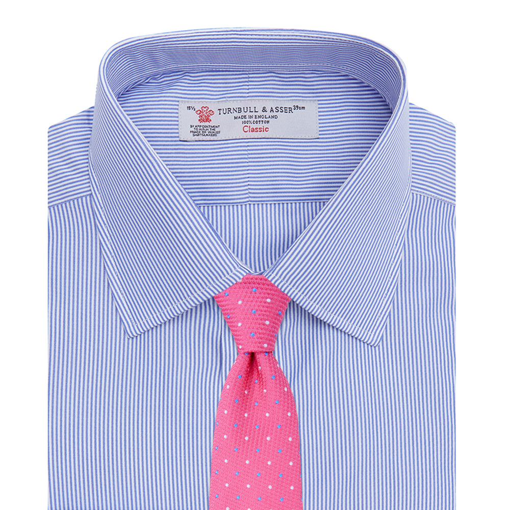 The Turnbull & Asser Blue Fine Bengal Stripe Shirt features a classic T&A collar, 3-button cuffs, and white buttons, crafted from fine cotton and displayed against a crisp white background.