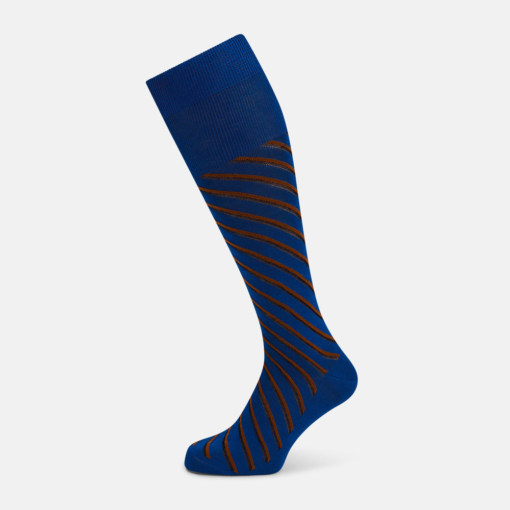 A single Turnbull & Asser Royal Blue/orange Diagonal Striped Long Sock is shown in a knee-high style against a plain light gray background.