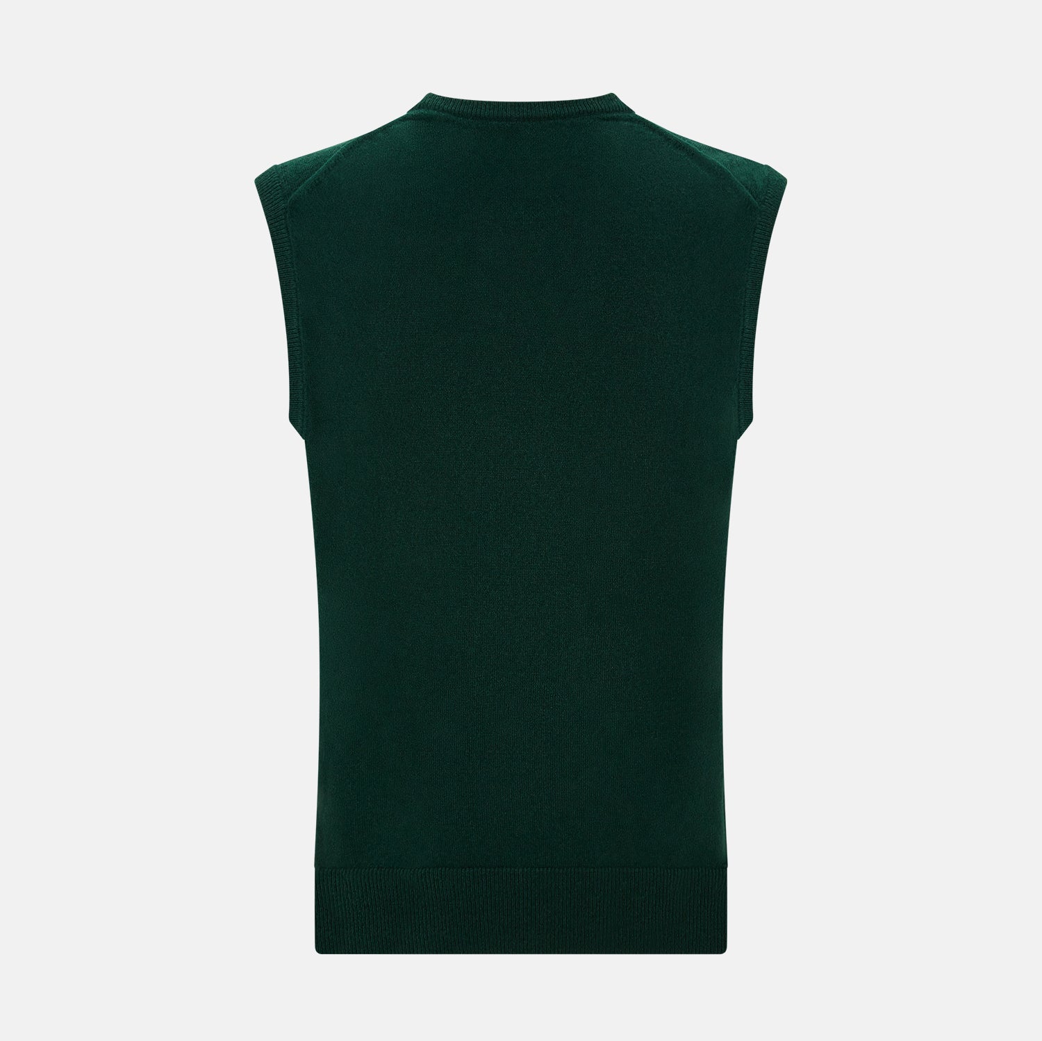 View 3 of product The Turnbull & Asser Forest Green V-neck Cashmere Vest, a sleeveless knit for men, is displayed against a plain white background.