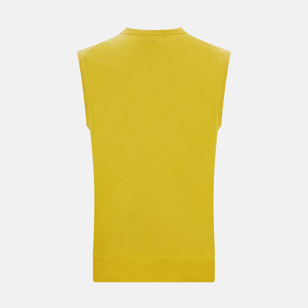 The Turnbull & Asser Canary Yellow Cashmere Round Neck Vest is a sleeveless jumper featuring ribbed collar, hem, and armholes, shown against a plain white background.