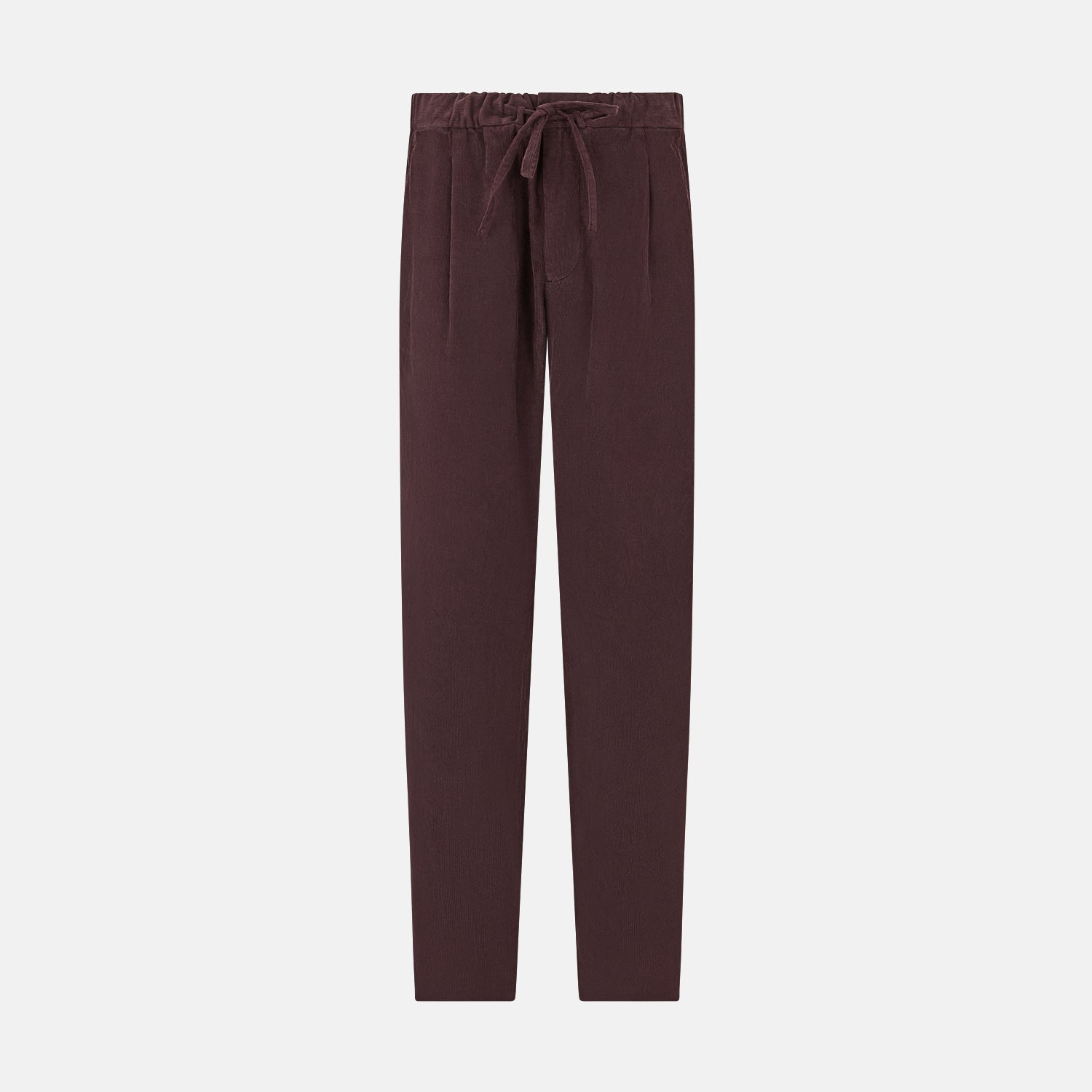 View 1 of product Turnbull & Asser Burgundy Corduroy Miles Trousers: high-waisted, straight-leg pants with an elasticated drawstring waist, shown on a white background.