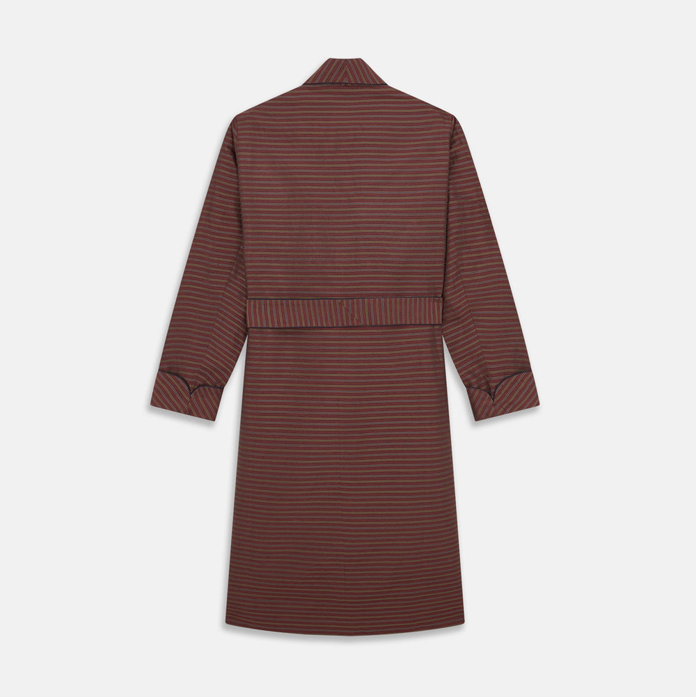 The Turnbull & Asser Claret and Green Multi Stripe Silk and Linen Blend Pierce Gown features a long robe style, matching belt, long sleeves, and front pockets, shown laid flat on a white background.