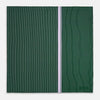 View 4 of product The Forest Green and Lilac Stripe Silk Pocket Square by Turnbull & Asser features thin white pinstripes, a bold light purple vertical stripe, and a visible branded label for classic British elegance. One corner is neatly folded over.