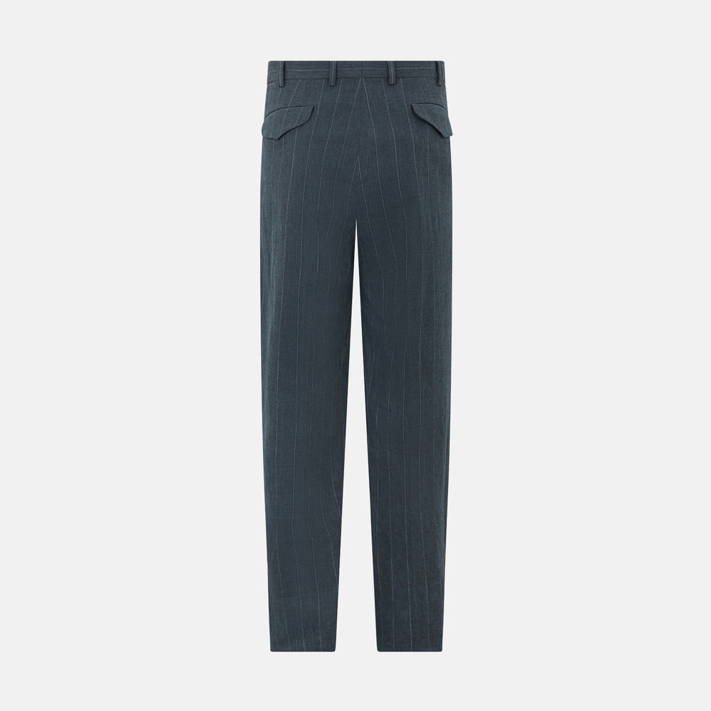 A pair of Forest Green Striped Edmund trousers by Turnbull & Asser, featuring a button and zip closure, belt loops, and a tailored straight-leg fit, shown against a plain white background.