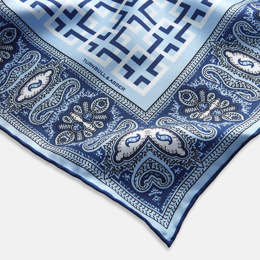 Blue Square-Patterned and Paisley Patterned Silk Pocket Square