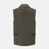 View 3 of product The Turnbull & Asser Olive Collared Linen Waistcoat is a sleeveless olive waistcoat with a collar, front buttons, one chest pocket, and two zippered side pockets, shown against a plain white background.