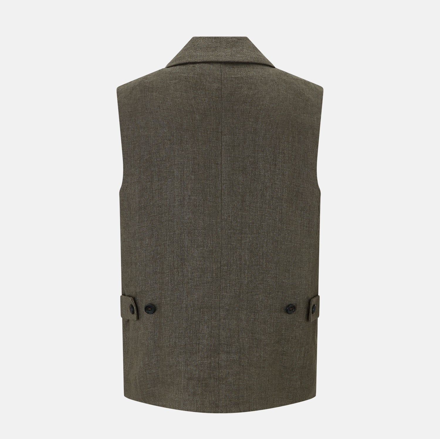 View 3 of product The Turnbull & Asser Olive Collared Linen Waistcoat is a sleeveless olive waistcoat with a collar, front buttons, one chest pocket, and two zippered side pockets, shown against a plain white background.