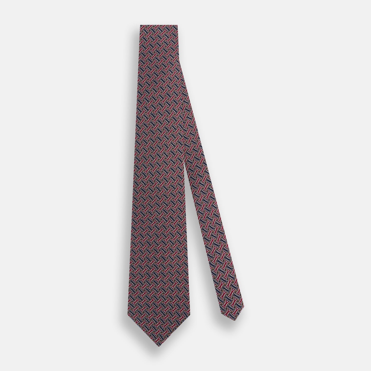 View 2 of product The Turnbull & Asser Burgundy and Navy Weave-Patterned Printed Silk Tie features an intricate geometric design, shown rolled on a plain white background.