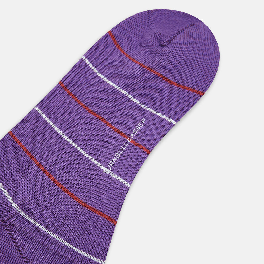 The Purple Striped Mid-Length Socks by Turnbull & Asser feature thin white and reddish-brown stripes on a purple background—ideal for fans of stylish striped socks.