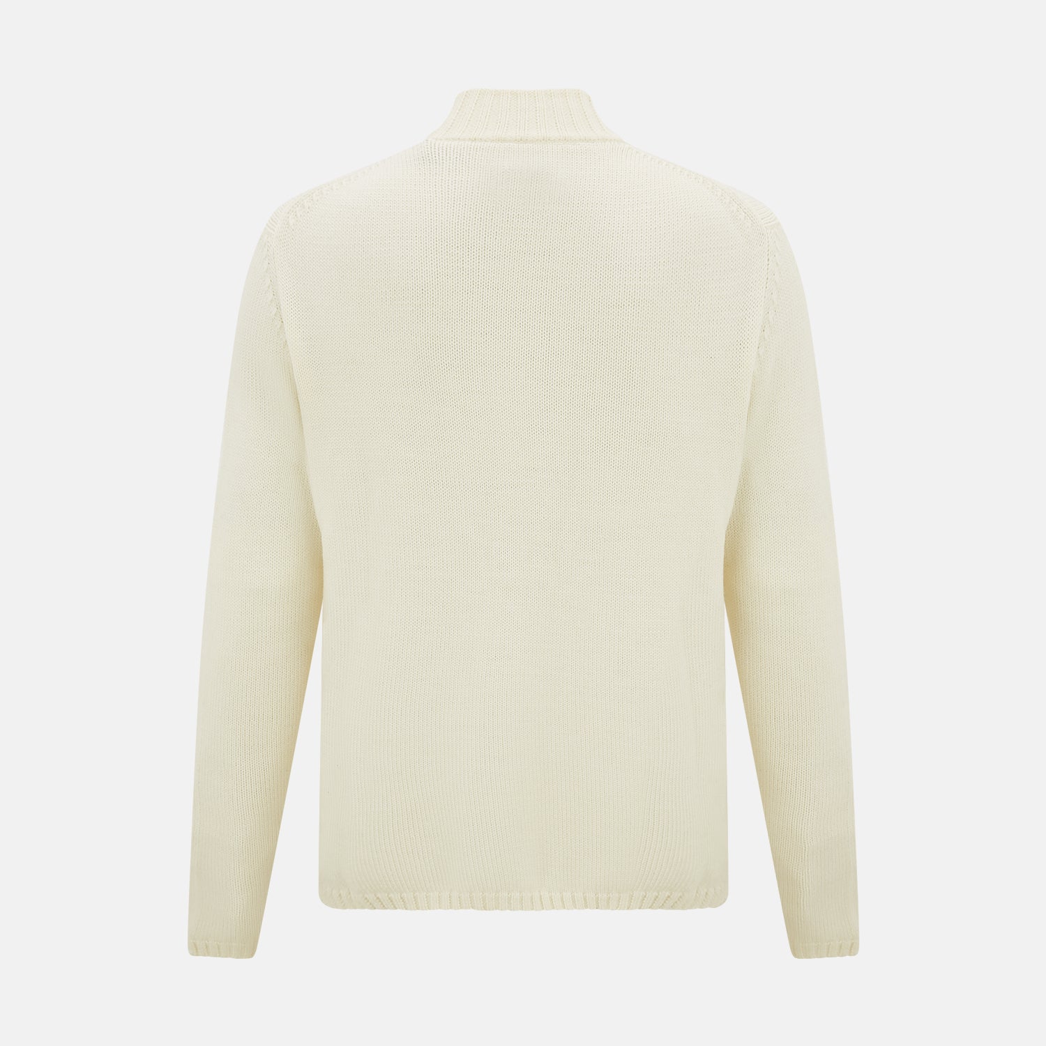 View 3 of product The White Merino High Neck Zipped Cardigan by Turnbull & Asser features a ribbed stand collar, cuffs, and hem. This elegant long-sleeve knitwear piece is shown on a plain white background.