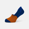 View 1 of product The Turnbull & Asser Royal Blue & Orange No-Show Socks are soft cotton, low-cut socks with a royal blue heel and toe, orange midsection, and blue lining, shown on a plain white background.