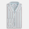 View 5 of product The Turnbull & Asser Burgundy Combination Stripe Mayfair Shirt features long sleeves, a classic T&A collar, and vertical black and burgundy stripes on white, laid flat against a plain white background.
