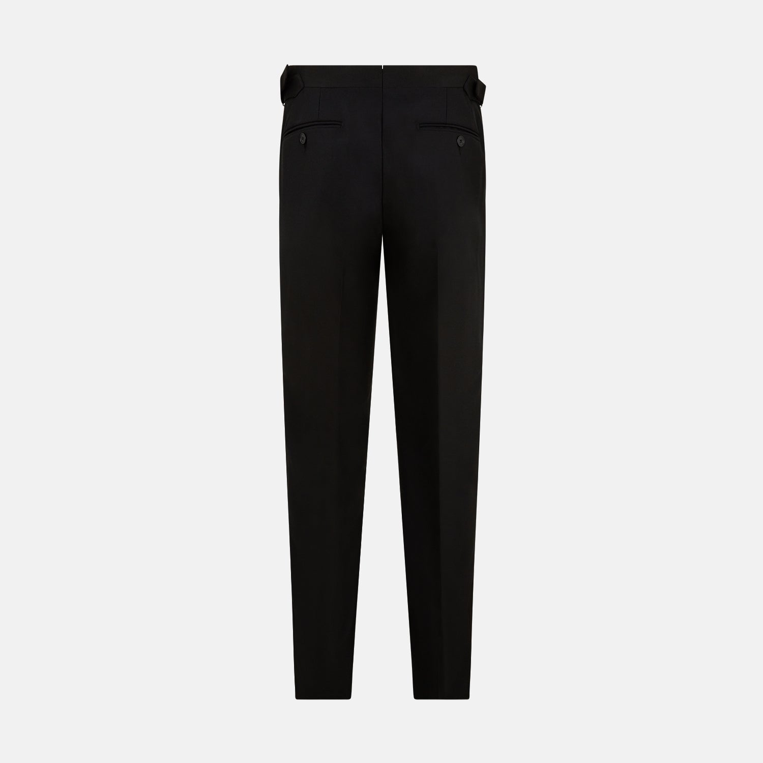 View 6 of product The Turnbull & Asser Black Single Breasted Dinner Suit, with satin lapels and matching trousers, is elegantly folded and displayed on a plain white background.