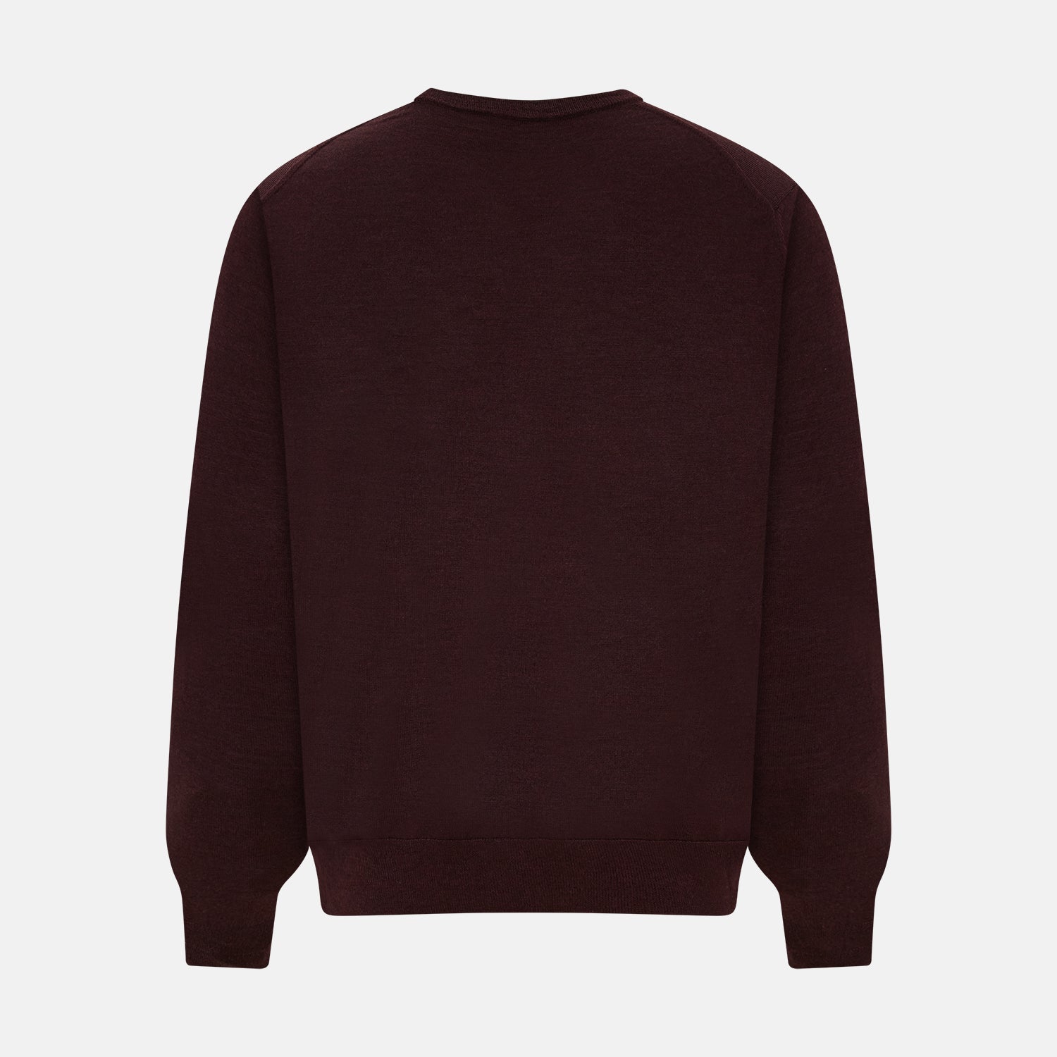 View 8 of product The Turnbull & Asser Burgundy Fine Merino V-Neck Jumper features a classic plain knit design with long sleeves, showcased against a crisp white background.