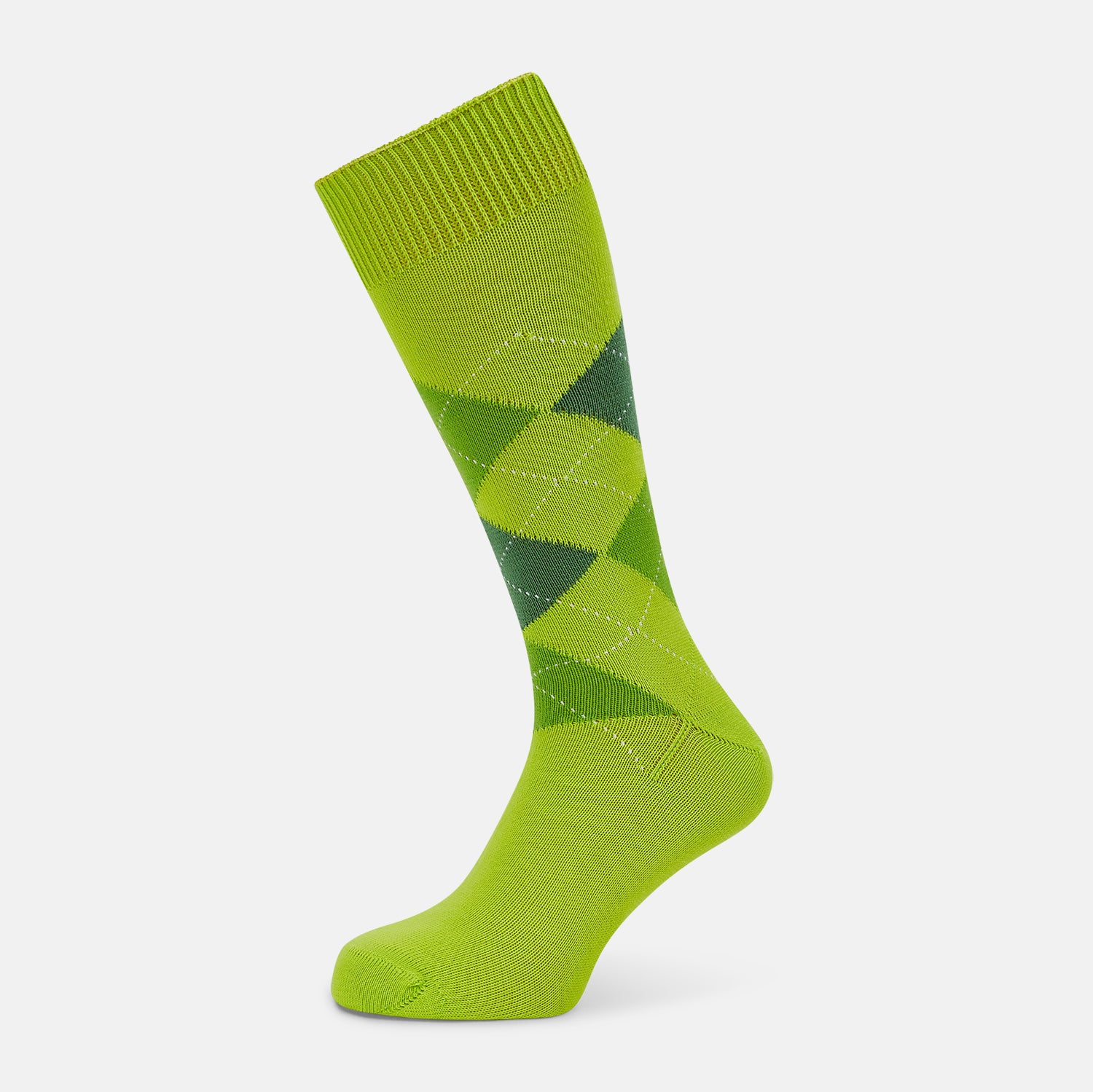 View 1 of product The Lime Check Mid-Length Sock by Turnbull & Asser features a green and yellow argyle pattern with a ribbed cuff, crafted from comfortable cotton material, and is shown on a plain light background.