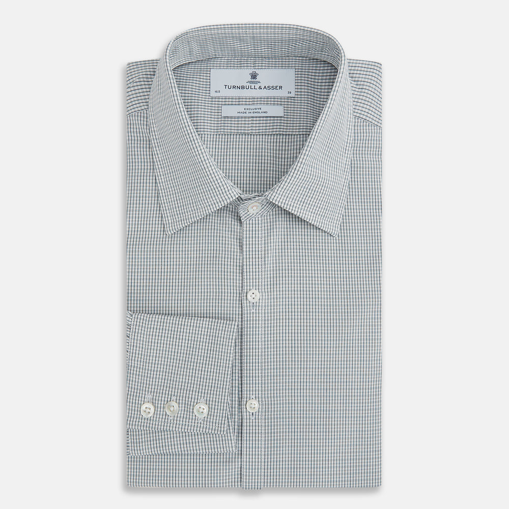 A forest green micro tattersall Westminster shirt by Turnbull & Asser with long sleeves, pointed collar, button-down front, and a tailored fit is displayed flat on a white background.