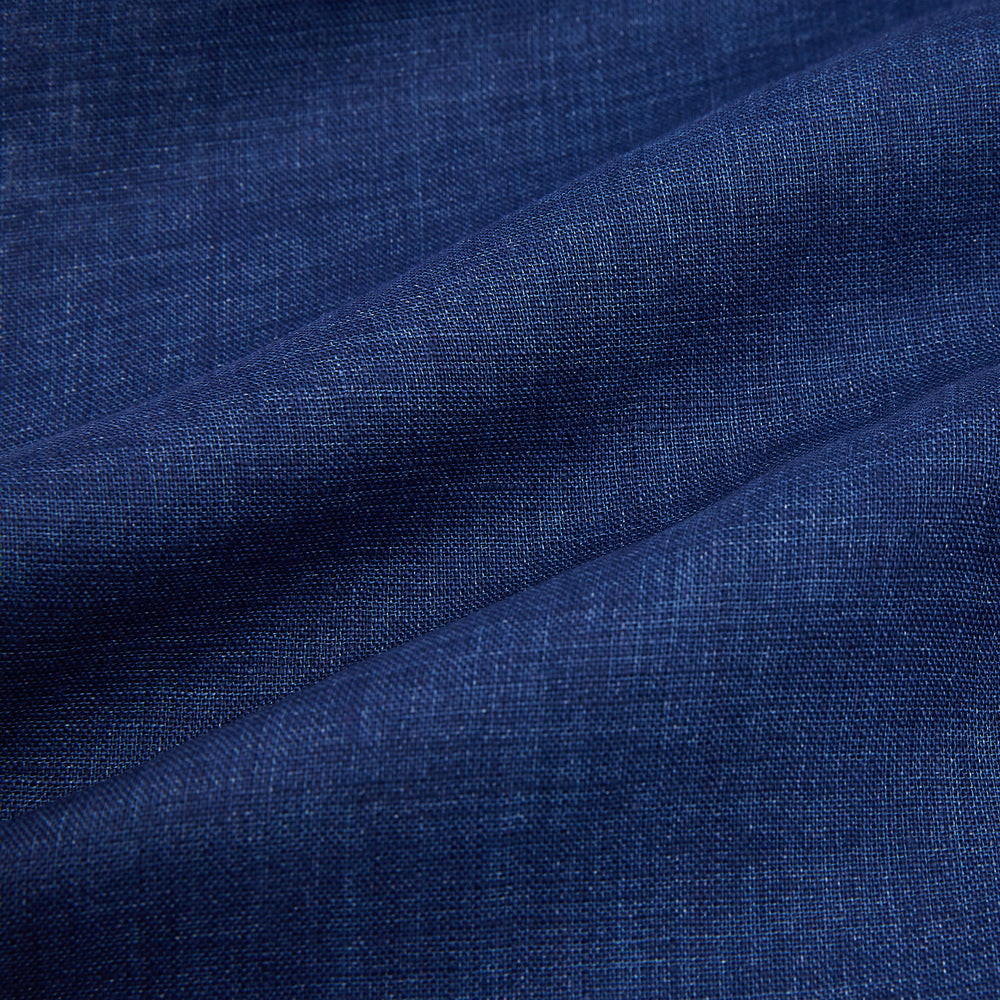 The Turnbull & Asser Navy Linen Mayfair Shirt features long sleeves, a button-up front with white buttons, pointed collar, buttoned cuffs, and a classic fit in solid dark blue linen, shown on a white background.