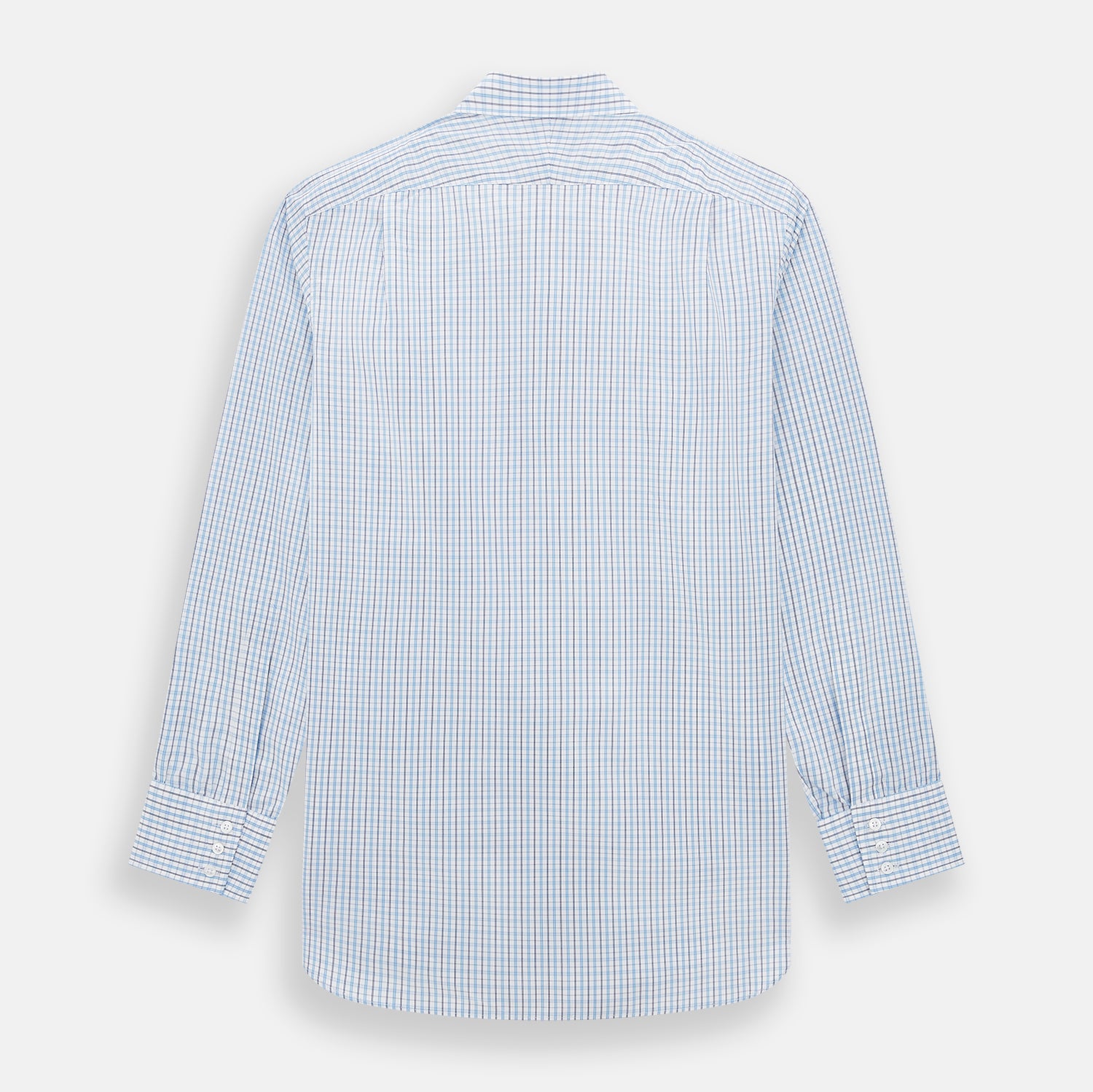 View 3 of product The Turnbull & Asser Navy and Blue Multi Check Mayfair Shirt features a crisp blue and navy check pattern, T&A collar, long sleeves, and a tailored Mayfair fit.