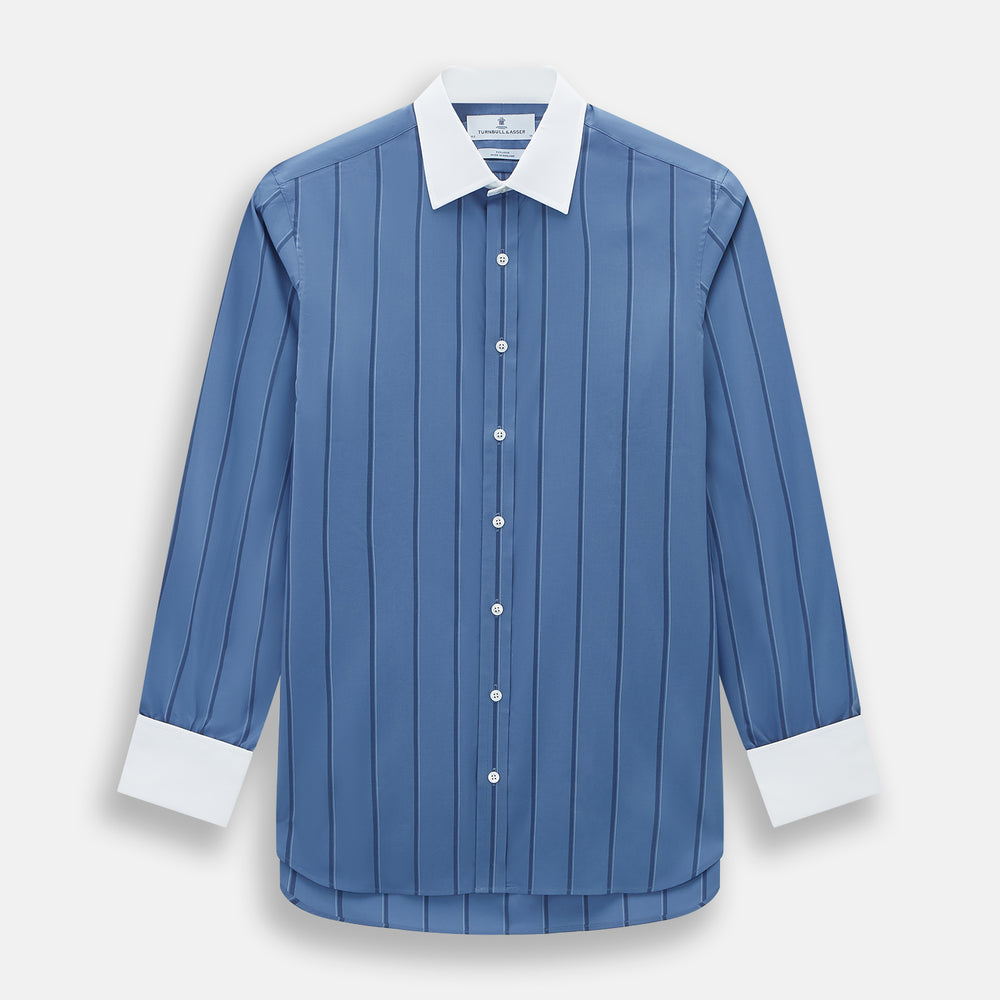 The Turnbull & Asser Steel Grey Track Stripe Shirt features vertical black stripes, a contrast white T&A collar, and white cuffs, shown against a plain light background.