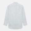 View 3 of product The Turnbull & Asser Multi Tone Double Pinstripe Mayfair Shirt is a long-sleeve pure cotton shirt with a collar and thin blue, green, and yellow double pinstripes on a white background.