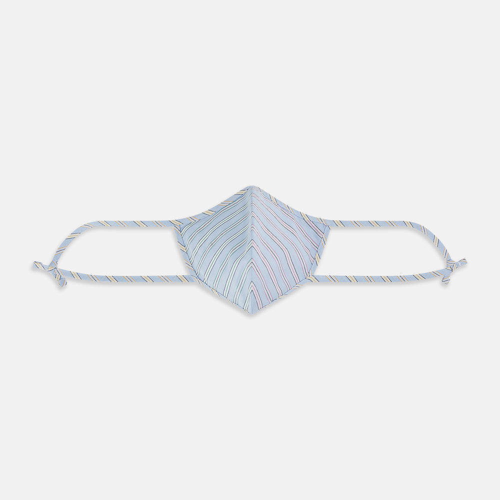 The Turnbull & Asser UK Blue, Pink & Yellow Striped Cotton Commuter Mask is displayed on a white background, and features adjustable ear loops for a comfortable fit. This stylish face-covering accommodates three included VIROFORMULA™ filters, making it a versatile accessory reminiscent of the Blue & White Linen Check Commuter Mask.